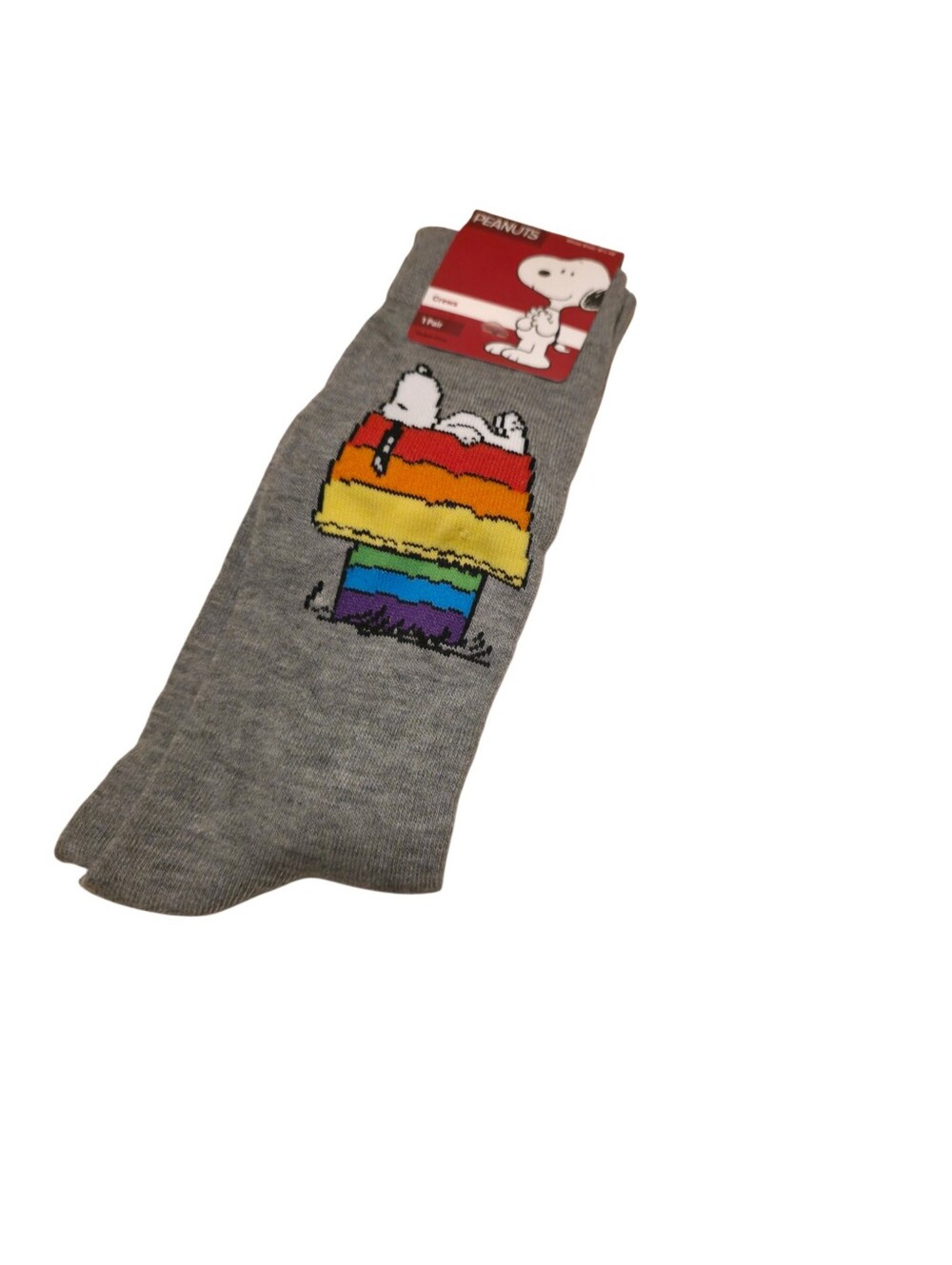 Peanuts Gray Crew Socks with Rainbow Doghouse Snoopy